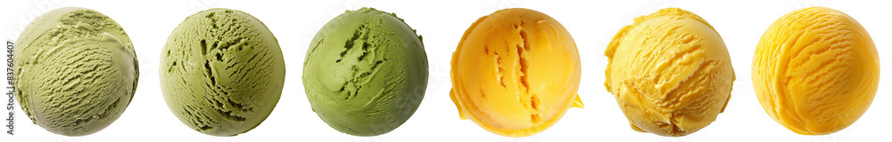 matcha, pistachio and mango flavor ice cream scoops, isolated png, transparent cutout top view
matcha, pistachio and mango flavor ice cream scoops, isolated png, transparent cutout top view