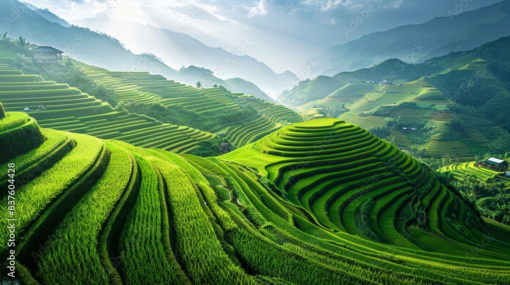Beautiful terraced rice field landscape with layers of vibrant green paddies, creating a serene and picturesque scene Beautiful terraced rice field landscape with layers of vibrant green paddies, creating a serene and picturesque scene