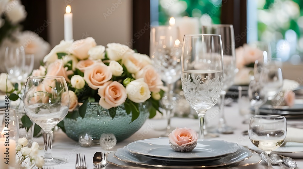 Exquisite Wedding Reception: Elegantly Set Tables Adorned with Beautiful Flowers, Floral Elegance: Stunning Table Settings Creating a Romantic Atmosphere, Blooming Reception: Gorgeous Flowers Enhancin Exquisite Wedding Reception: Elegantly Set Tables Adorned with Beautiful Flowers, Floral Elegance: Stunning Table Settings Creating a Romantic Atmosphere, Blooming Reception: Gorgeous Flowers Enhancin