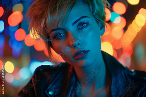 A captivating portrait of a young woman with striking blue eyes, illuminated by colorful city lights in the background, creating a vibrant and dreamy atmosphere at night © mankjon
