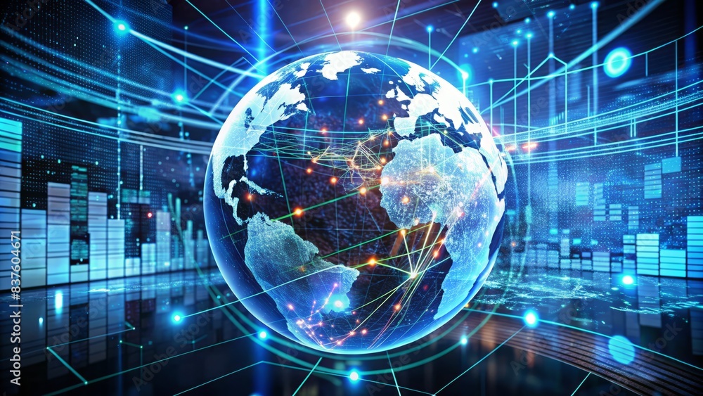 Global connections of glowing circuits and lines converge on a futuristic virtual globe, surrounded by charts, graphs, and screens displaying real-time data and analytics. Global connections of glowing circuits and lines converge on a futuristic virtual globe, surrounded by charts, graphs, and screens displaying real-time data and analytics.