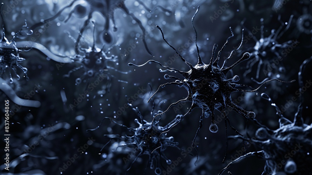A 3D vector illustration of a viral infection at the cellular level, shown in dark tones A 3D vector illustration of a viral infection at the cellular level, shown in dark tones