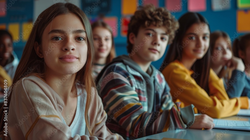 Group of happy students in classroom, representing learning and friendship Group of happy students in classroom, representing learning and friendship