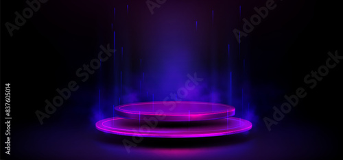 Futuristic round platform on black background. Vector realistic illustration of circular teleport with pink light and blue smoke effect, future cyber technology portal, product presentation showroom