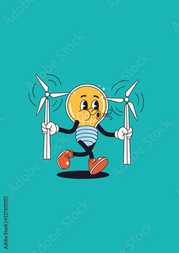 Illustration of renewable energy light bulb. Windmills. Vector about climate change. Green background