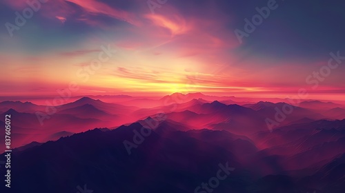 A breathtaking view of a colorful sunset over misty mountains, with vibrant hues of pink, purple, and orange lighting up the sky. © Pornsurang