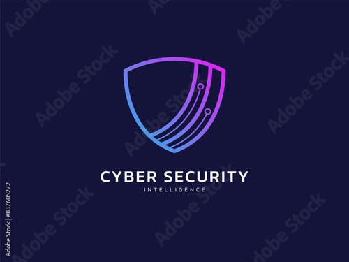 Cyber security intelligence data protection shield with Curved Lines Network vector logo design concept. Abstract shield security icon logotype symbol for ID protection, privacy solution, verify, ui.
