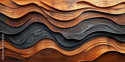 Wood art background illustration - Abstract closeup of detailed organic black brown wooden waving waves wall texture banner wall, overlapping layers, Generative AI