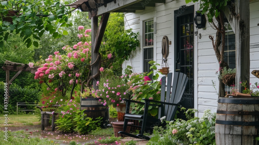Classic black resin Adirondack rocking chair on the charming patio of a vintage white house adorned with pink flowers and lush green plants, accompanied by rustic wooden barrels and shaded by a pictur Classic black resin Adirondack rocking chair on the charming patio of a vintage white house adorned with pink flowers and lush green plants, accompanied by rustic wooden barrels and shaded by a pictur