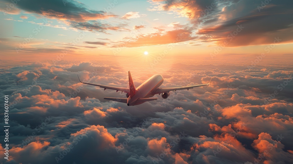 Airplane flying over beautiful, colorful clouds during a breathtaking sunset, capturing the essence of travel and adventure in the sky. Airplane flying over beautiful, colorful clouds during a breathtaking sunset, capturing the essence of travel and adventure in the sky.