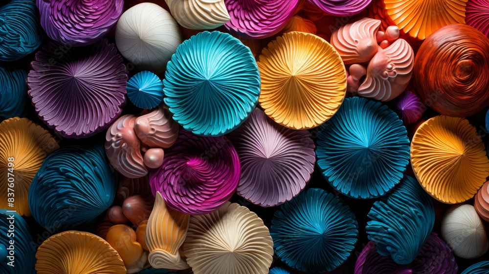 Dive into a world of artistic seashells with vibrant colors, flat illustrations, and detailed textures in this seamless pattern. Dive into a world of artistic seashells with vibrant colors, flat illustrations, and detailed textures in this seamless pattern.