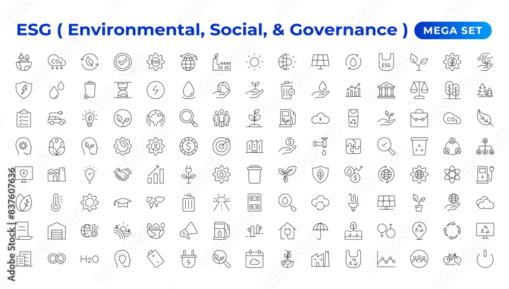 ESG icon set,Environmental, Social, and Governance line icon. ESG outline icons with editable stroke collection. Includes Sustainability, Solar Panel, Recycling, Green City, vector illuatration. ESG icon set,Environmental, Social, and Governance line icon. ESG outline icons with editable stroke collection. Includes Sustainability, Solar Panel, Recycling, Green City, vector illuatration.