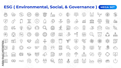 ESG icon set,Environmental, Social, and Governance line icon. ESG outline icons with editable stroke collection. Includes Sustainability, Solar Panel, Recycling, Green City, vector illuatration.