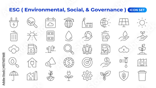 ESG icon set,Environmental, Social, and Governance line icon. ESG outline icons with editable stroke collection. Includes Sustainability, Solar Panel, Recycling, Green City, vector illuatration.