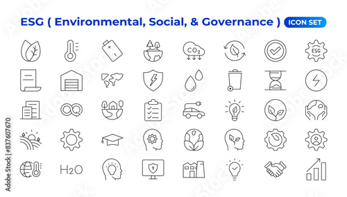 ESG icon set,Environmental, Social, and Governance line icon. ESG outline icons with editable stroke collection. Includes Sustainability, Solar Panel, Recycling, Green City, vector illuatration.