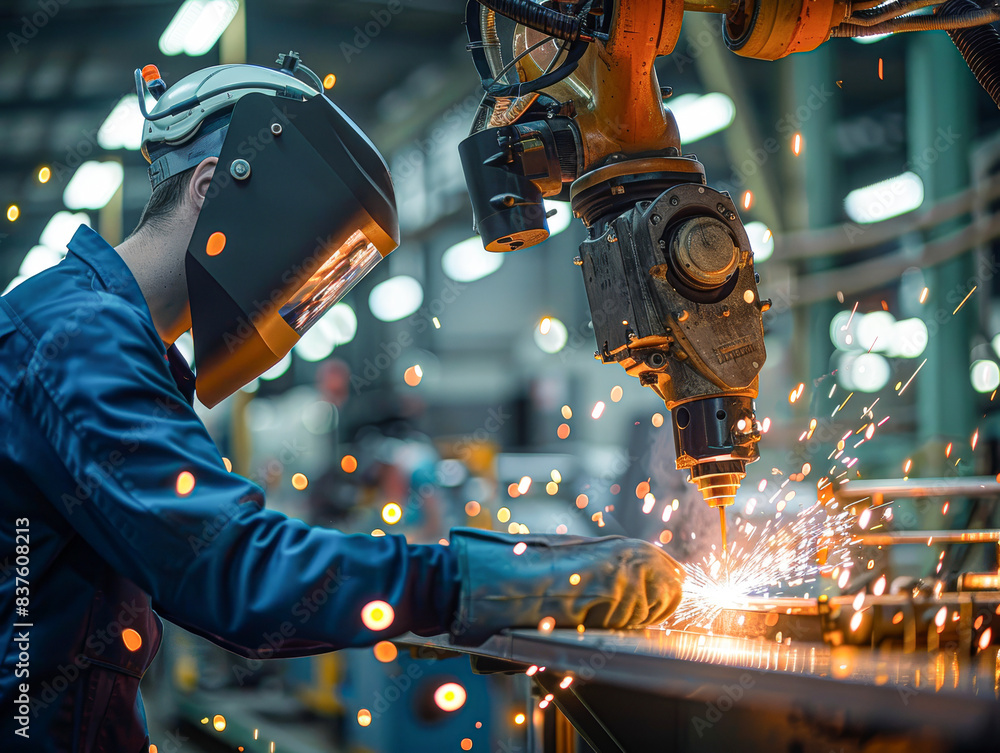 Close Up, An engineer oversees and controls robotic welding arms in an automated factory settin Close Up, An engineer oversees and controls robotic welding arms in an automated factory settin