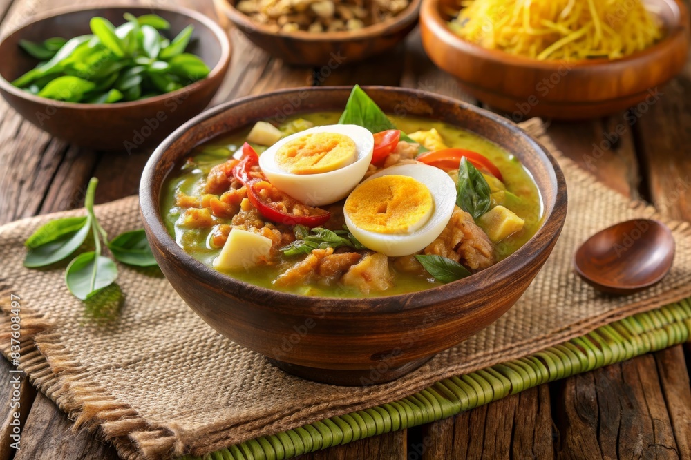 soto ayam or Soto Betawi. Traditional beef and offal soup from Betawi, Jakarta. The soup has been preplated in a bowl; ready to be served. soto ayam or Soto Betawi. Traditional beef and offal soup from Betawi, Jakarta. The soup has been preplated in a bowl; ready to be served.