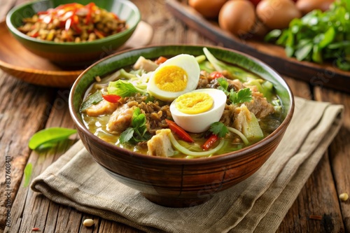 soto ayam or Soto Betawi. Traditional beef and offal soup from Betawi, Jakarta. The soup has been preplated in a bowl; ready to be served. photo