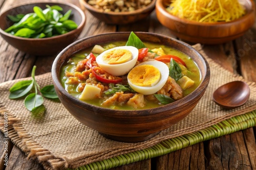 soto ayam or Soto Betawi. Traditional beef and offal soup from Betawi, Jakarta. The soup has been preplated in a bowl; ready to be served.