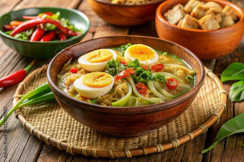 soto ayam or Soto Betawi. Traditional beef and offal soup from Betawi, Jakarta. The soup has been preplated in a bowl; ready to be served.
