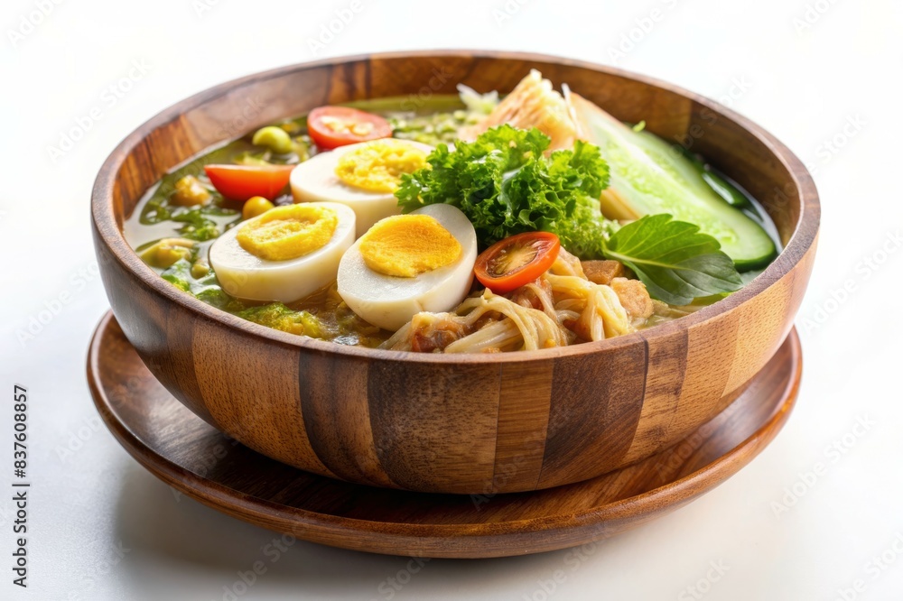 Soto Ayam, Indonesian food, yellow spicy chicken soup with vermicelli, fried potato, hard boiled egg and fried shallot.