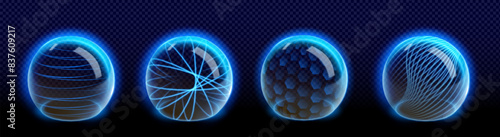 Glass shield spheres set isolated on transparent background. Vector realistic illustration of barrier domes with abstract blue line, hexagon mesh design, medical insurance hemisphere, cyber security
