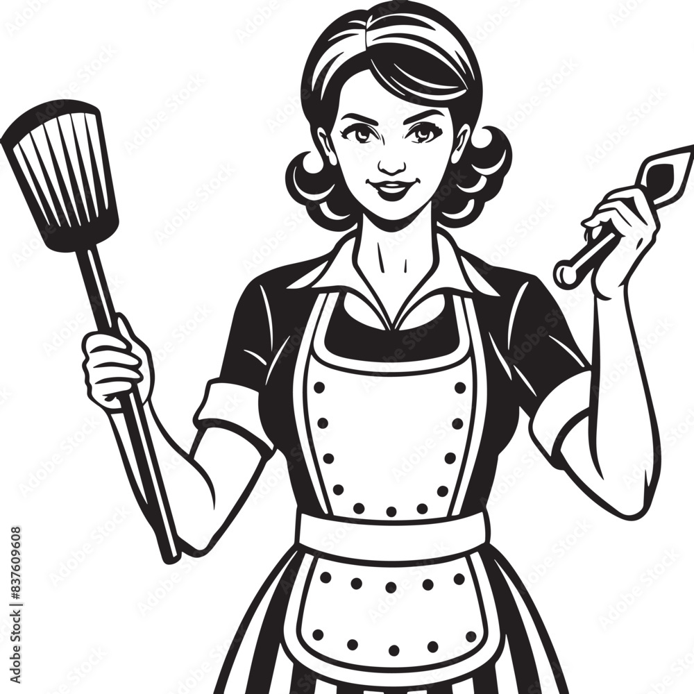 Women in the kitchen with a spoon illustration black and white Women in the kitchen with a spoon illustration black and white
