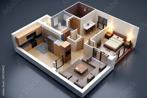 generated illustration ofa cross section 3d multi-room apartment