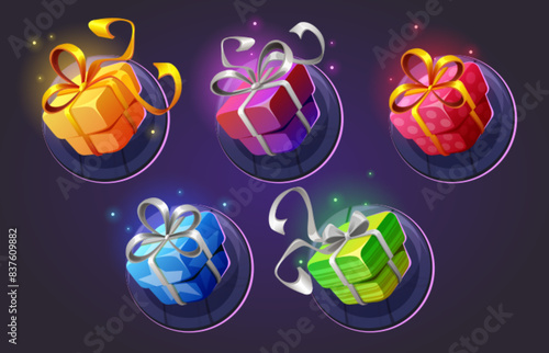 Ui game gift box icon with ribbon cartoon vector. Birthday reward package design for app. Casino present in red, blue and green. Cute party mystery surprise for lottery or celebration element