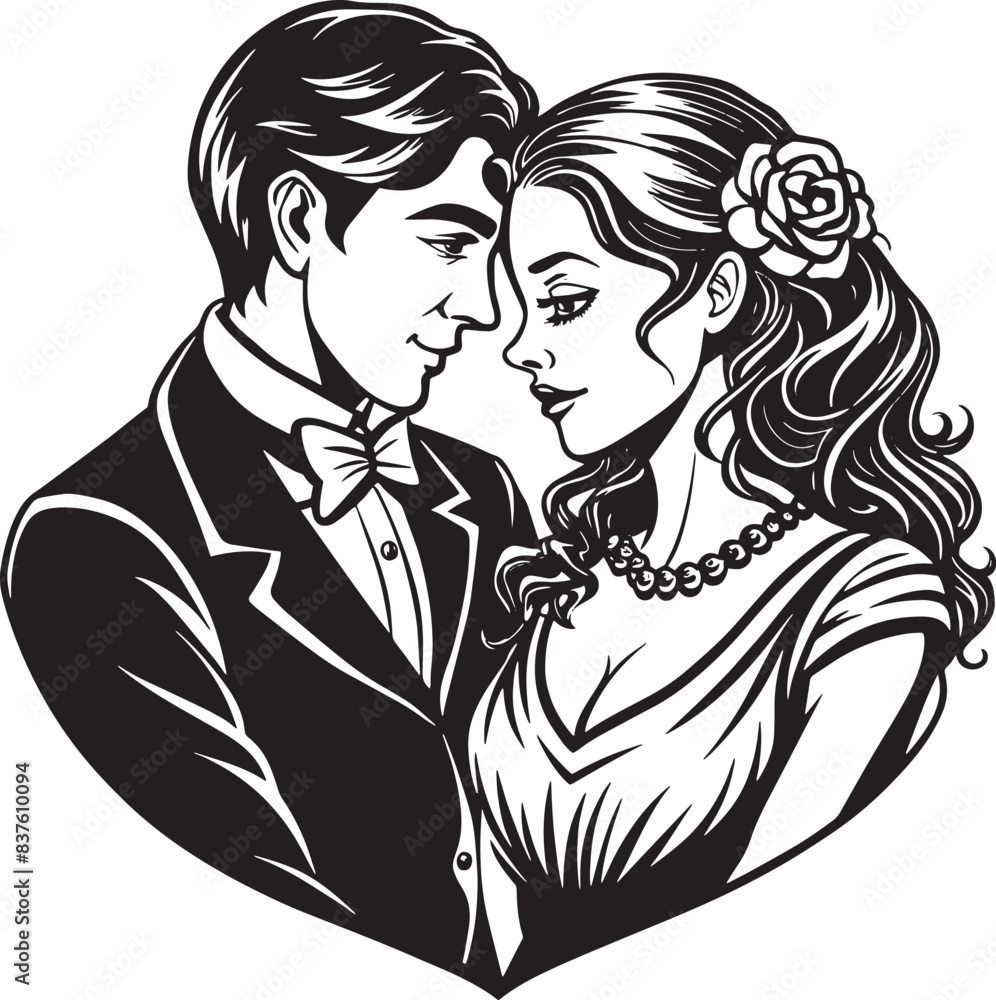 wedding couple with heart silhouette black and white illustration wedding couple with heart silhouette black and white illustration