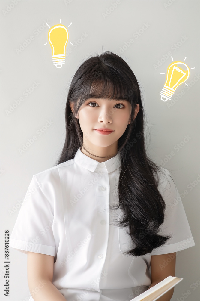 Thai young university female student sitting alone and reading a book with a happy and calm expression. She is positioned in front of a solid white background Thai young university female student sitting alone and reading a book with a happy and calm expression. She is positioned in front of a solid white background
