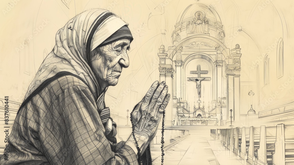 Fototapeta premium Devoted Saint Teresa of Calcutta praying with a rosary, serene chapel background, holy atmosphere, beige background, Biblical Illustration, copyspace