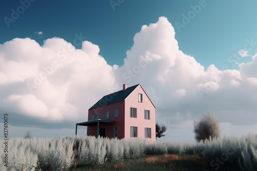 generated illustration of small pink bungalow model house photo