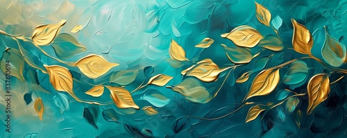 Abstract turquoise green gold painted oil acrylic painting of floral leaves on canvas, art background wallpaper texture illustration, Generative AI © Shutter Gems