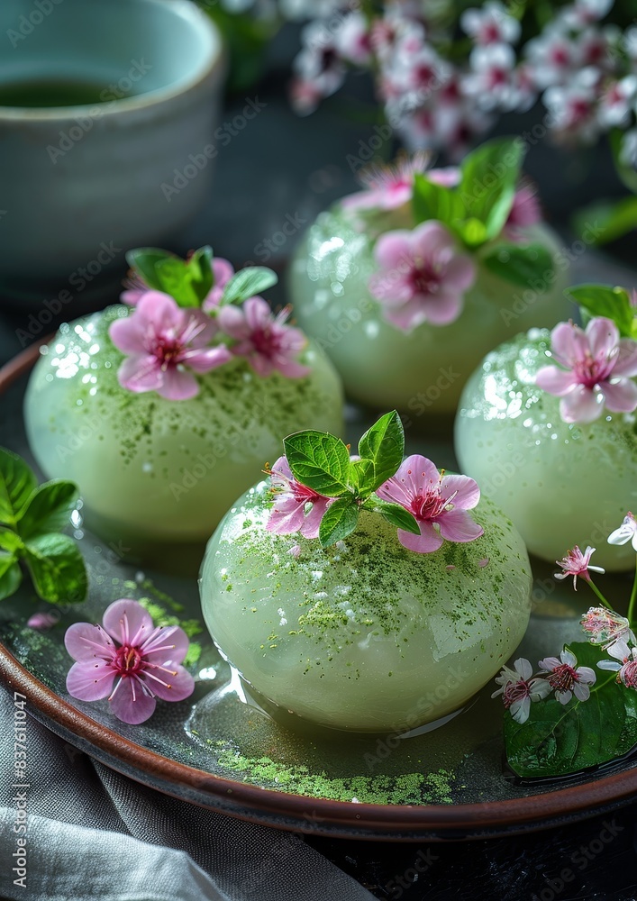 Matcha Dessert - Matcha-flavored mochi, cakes, or ice cream presented with elegant garnishes. Matcha Dessert - Matcha-flavored mochi, cakes, or ice cream presented with elegant garnishes.