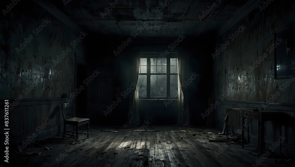 The chilling ambiance of an empty, frightening room cloaked in darkness, where every creak and groan seems to echo with unseen menace ai_generated The chilling ambiance of an empty, frightening room cloaked in darkness, where every creak and groan seems to echo with unseen menace ai_generated