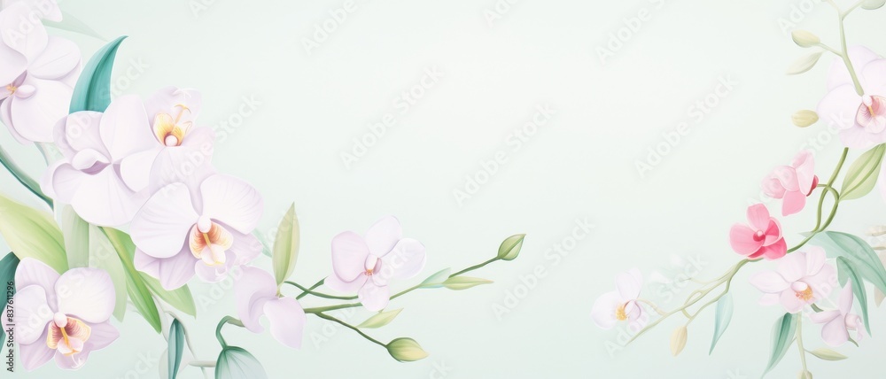 Fototapeta premium Elegantly illustrated orchid flowers on a light background with space for text. Perfect for wedding invites or spring designs.