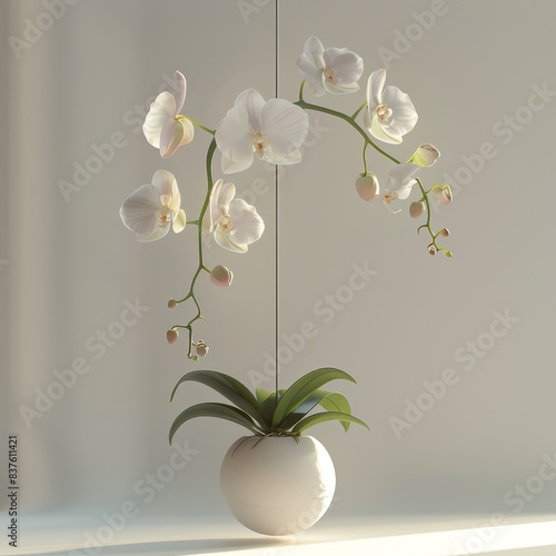 A white orchid hanging in a white pot with a minimalist background