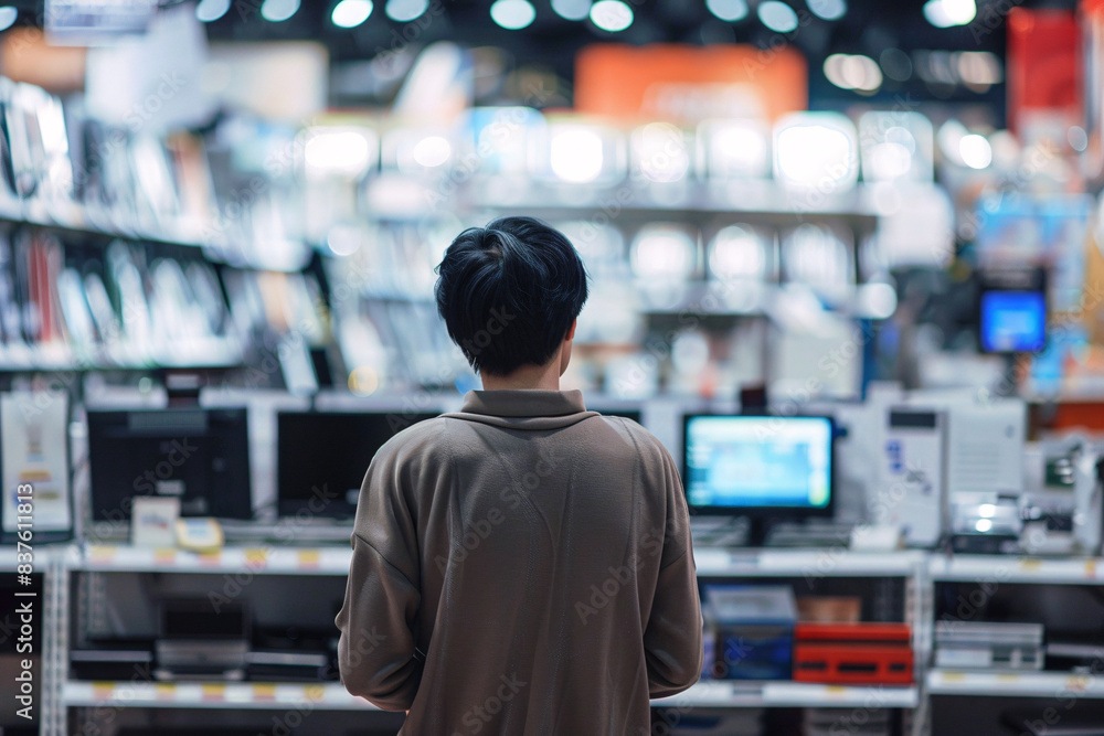 Back view of man in electronics store Back view of man in electronics store