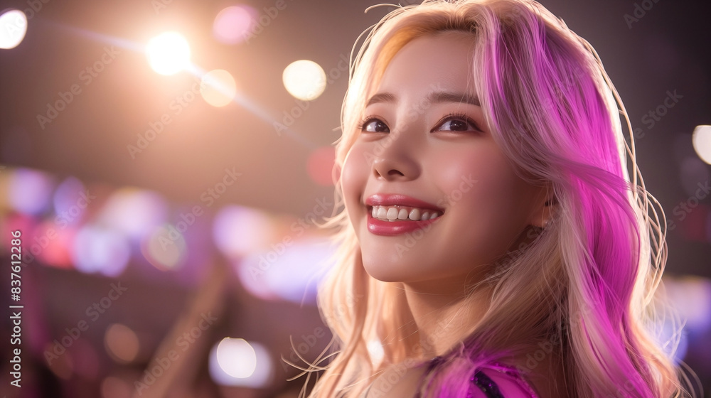beauty wide shot of woman on a concert look at camera, with long shiny blonde hair beauty wide shot of woman on a concert look at camera, with long shiny blonde hair