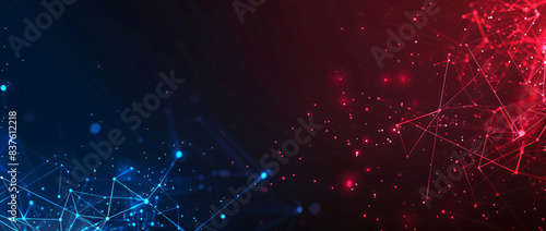 Abstract red and blue background with glowing polygonal lines, dots and particles on dark space for technology concept. © Welle Photos