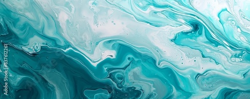 Abstract marbling oil acrylic paint background illustration art wallpaper - Turquoise aquamarine white color with liquid fluid marbled paper texture banner painting texture (Generative, Generative AI photo
