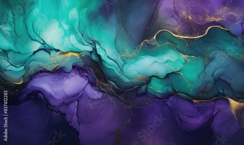 Dark Black Watercolor Abstract, emerald purple Marble Composition photo