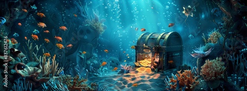 Underwater scene featuring a sunken treasure chest surrounded by curious fish generated by AI