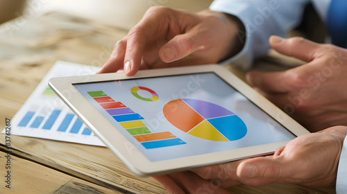 Professional showing a client a pie chart of expenses and savings on a digital tablet