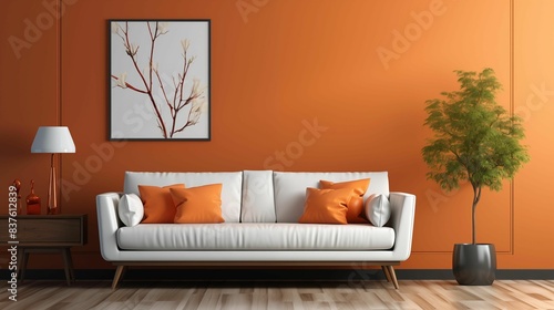 An orange living room with a white couch and orange pillows. Generative ai