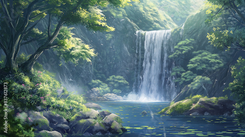 Pencil color art featuring a serene waterfall in an anime style  evoking a chill and relaxing atmosphere