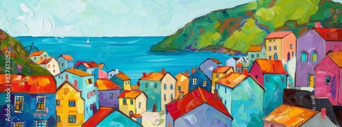 Colorful coastal town with houses painted in bright hues overlooking the sea generated by AI