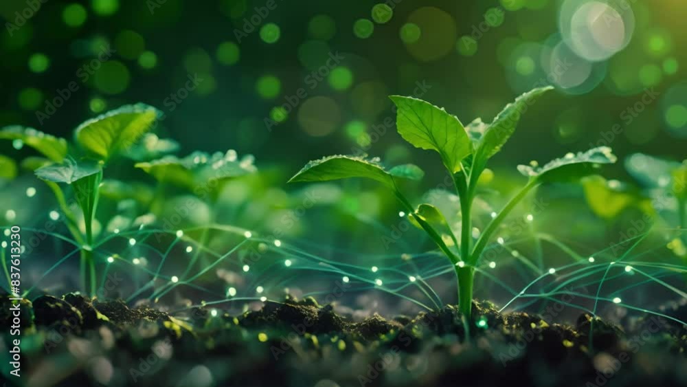 Young plants growing in soil with digital network connections. Concept of technology and agriculture integration. Young plants growing in soil with digital network connections. Concept of technology and agriculture integration.