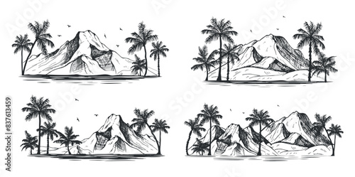 collection of sketches of mountains and palm trees with the sea vector freehand drawing. palm trees and mountains vector sketch